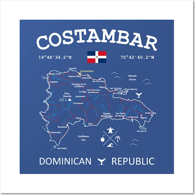 Costambar Dominican Republic Flag Travel Map Coordinates GPS Wall Art by French Salsa